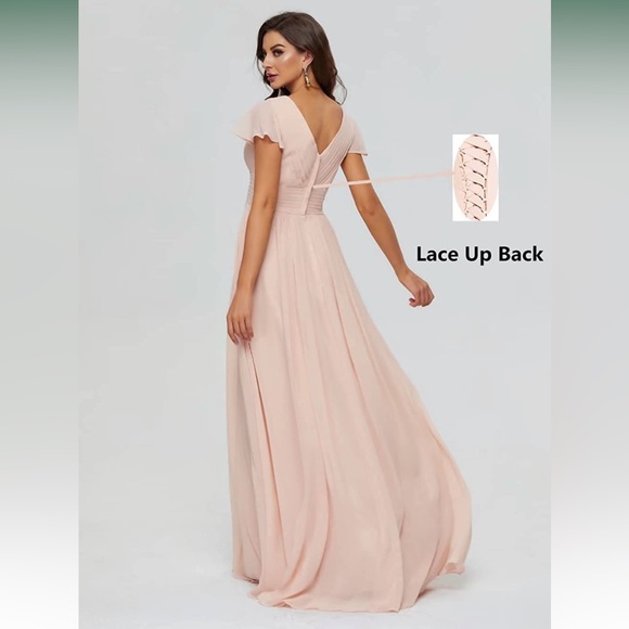 Ruffle Sleeves Chiffon Bridesmaid Dresses Ruched Long Party Gown - Picture 3 of 4